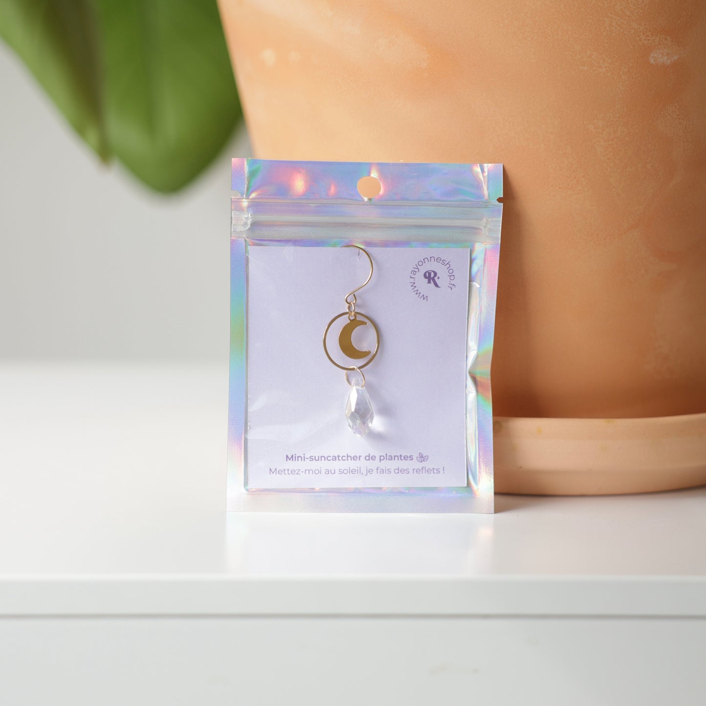 mini suncatcher à accrocher à une plante emballé dans son packaging holographique