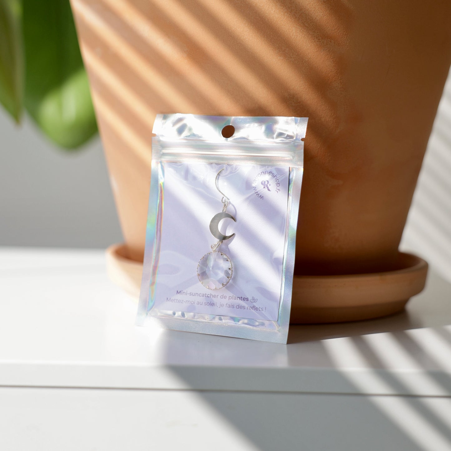Petit Suncatcher de plantes rangé dans son packaging holographique