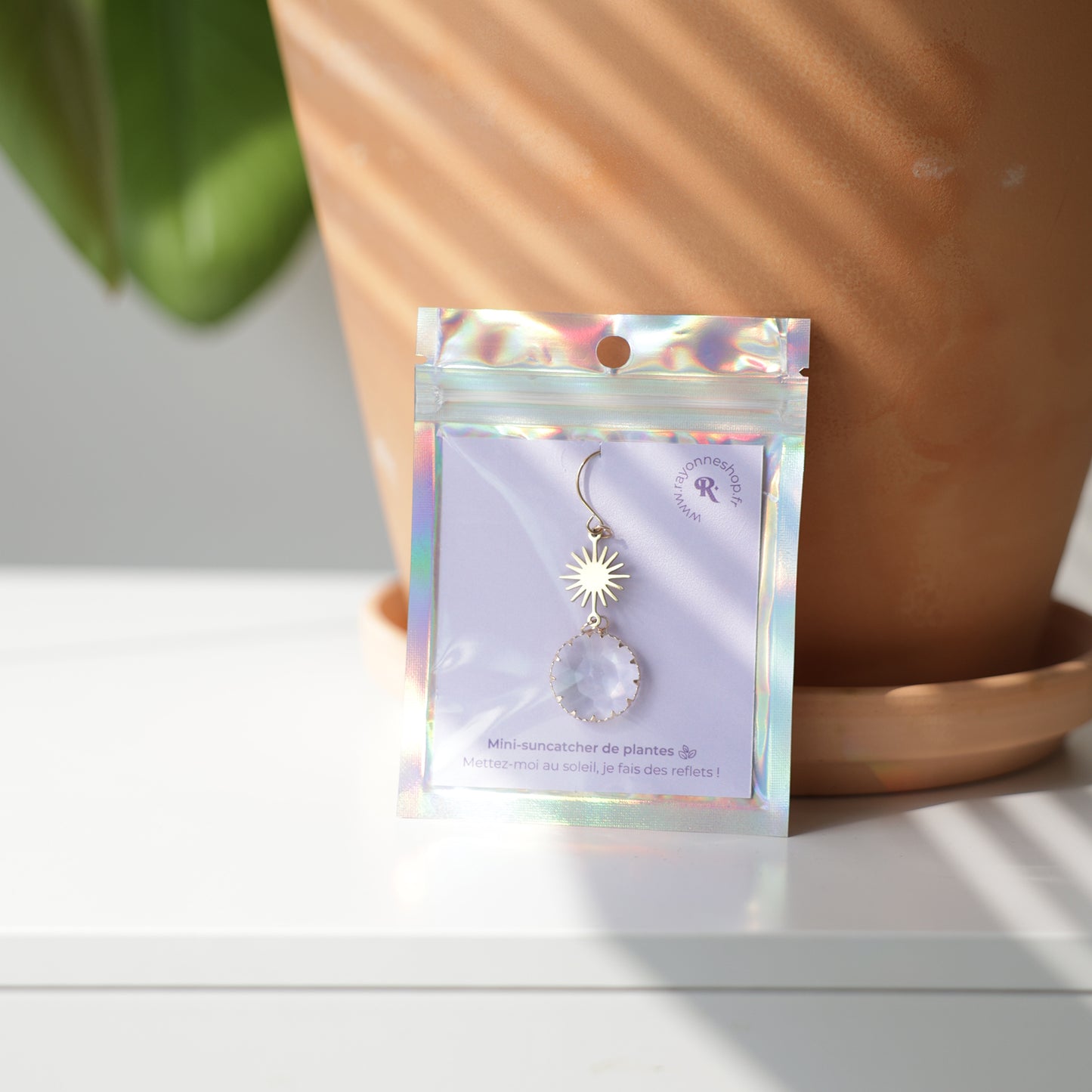 Petit Suncatcher à suspendre à une plante, emballé dans son packaging