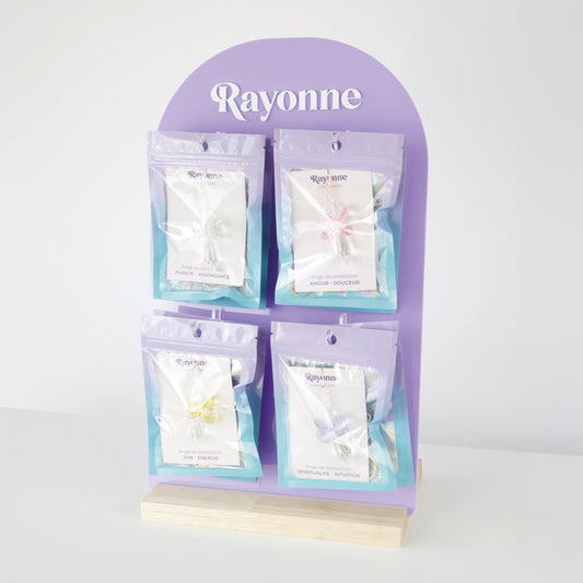 Pack Revendeur Suncatchers Anges Rayonne® : 4 modèles colorés avec présentoir, idéal pour boutiques et concept stores.