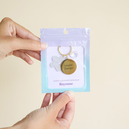 Porte-clés à message porte-bonheur, pour attirer la vitalité, la force et l'énergie. Charm en forme de papillon en acrylique et cristal transparent